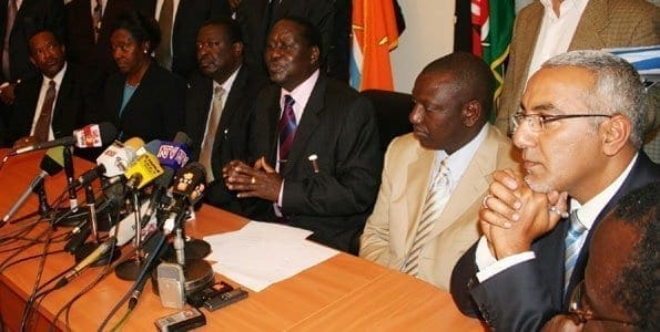 ODM leader Raila Odinga and with the party's top leadership at a past press conference. Photo/FILE