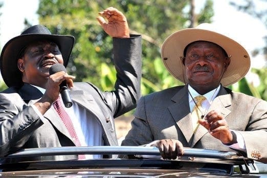 Kenya's Prime Minister Raila Odinga (left) joins Uganda's President Yoweri Museveni on the campaign trail in Uganda, December 15, 2010. Photo/DAILY MONITOR
