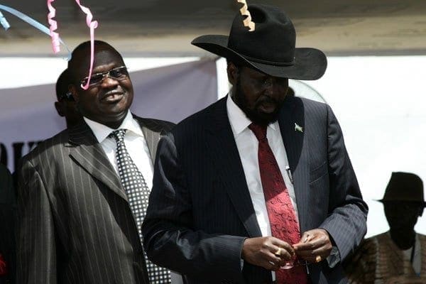 President Salva Kiir of South Sudan (R) with then vice-president Riek Machar during a rally in 2010. PHOTO | FILE
