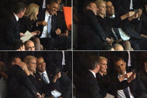This combo of pictures shows US President Barack Obama (R) and British Prime Minister David Cameron (L) posing for a photo with Denmark's Prime Minister Helle Thorning Schmidt (C) during the memorial service of South African former president Nelson Mandela at the FNB Stadium (Soccer City) in Johannesburg on December 10, 2013. PHOTO/AFP