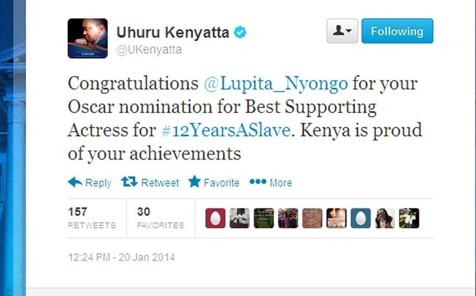 Uktweet President Kenyatta praises Lupita Nyongo Oscar fete