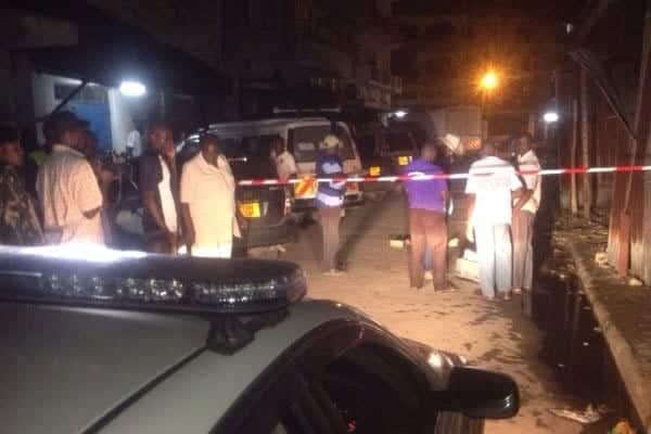 The scene where a policeman was badly injured after a grenade was thrown at him and his two colleagues in Mombasa on Thursday evening at Biashara Street, Mwembe Tayari. PHOTO | NATION