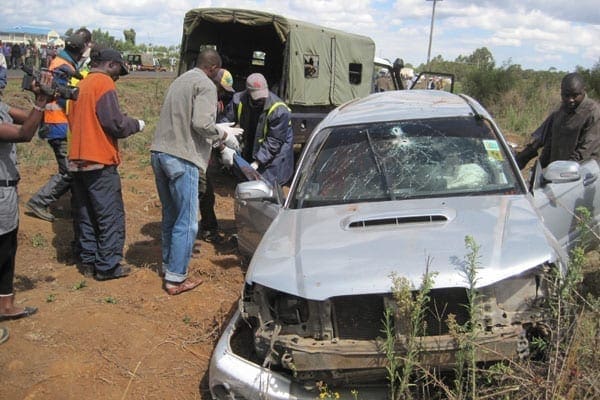 The vehicle which former Mungiki leader Maina Njenga was travelling in. Mr Njenga  survived a gun attack that left five people in his two-car motorcade dead.