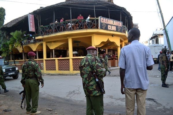 Police guard Casablanca Club in Mombasa where some suspects were arrested during an overnight police swoop on Saturday May 24, 2014. Over 300 people were arrested in the operation that seeks to rid Mombasa of terrorist insurgents.  PHOTO/KEVIN ODIT