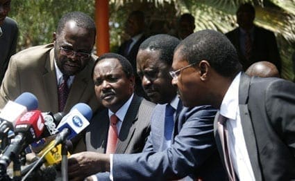 Cord Leaders from left, Anyang Nyongo, Kalonzo Musyoka, Raila Odinga and Moses Wetangula at a press conference at Orange House in Nairobi on the June 3,2014. Cord has demanded a national dialogue conference, arguing that Kenya is in a crisis. The Opposition cites insecurity, corruption, devolution, national unity and inclusivity, IEBC, and international isolation. PHOTO/EVANS HABIL