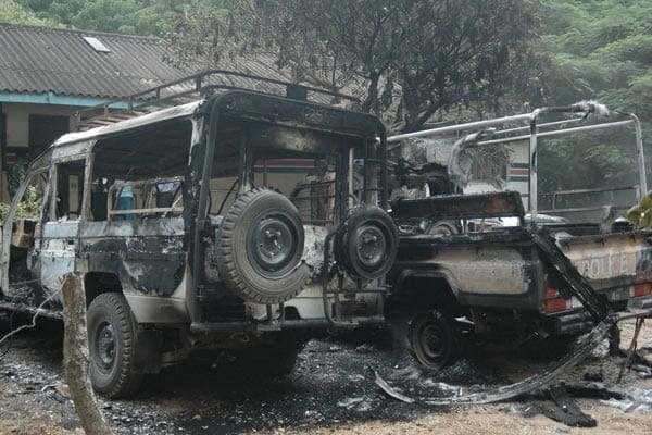 Some of the police vans that were burnt during the Mpeketoni attack in Lamu. PHOTO | LABAN WALLOGA