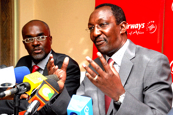 Kenya Airways chief executive officer Titus Naikuni (right) with chief operating officer Mbuvi Ngunze. PHOTO | FILE
