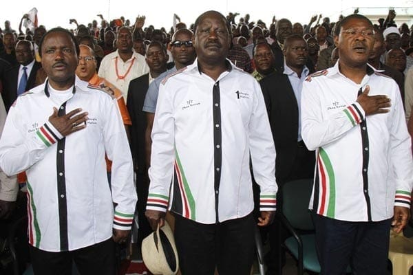 Cord principals Kalonzo Musyoka, Raila Odinga and Moses Wetang'ula during the Saba Saba rally in Nairobi on July 7, 2014. The Cord leaders went to Tanzania to strategise on the proposed referendum. PHOTO | JEFF ANGOTE | FILE