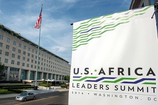 A sign promoting the US-Africa summit outside the US Department of State  in Washington, DC, on July 31, 2014, where President Obama is hosting African leaders. The theme of the Summit is investing in the next generation. PHOTO | AFP
