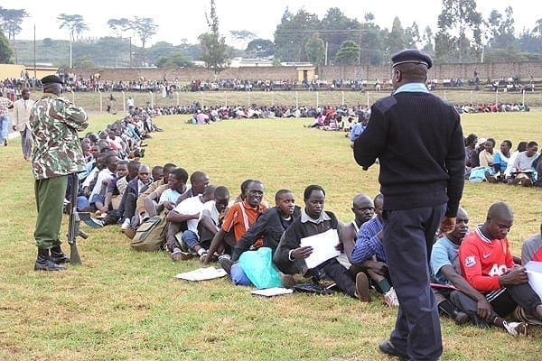 Young people who turned up for recruitment to the police service in Eldoret East Sub-County at Kipchoge Keino Stadium on July 14, 2014. PHOTO | JARED NYATAYA | NATION