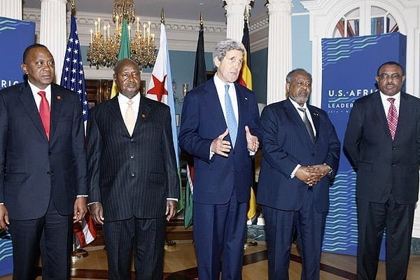Igad heads of state, led by President Uhuru Kenyatta, President Yoweri Musaveni of Uganda, Djibouti's President Ismail Omar Guelleh and Ethiopian Prime Minister Haile Mariam Desalegn, at a media briefing with the US Secretary of State John Kerry in Washington, DC. PHOTO | PSCU