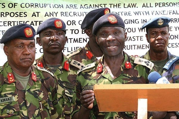 Gordon Kihalangwa addresses the press at an army recruitment centre in Eldoret in this file photo. PHOTO | FILE