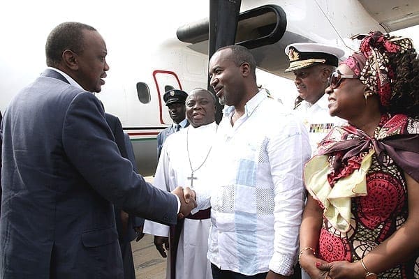 President Uhuru Kenyatta is welcomed by Mombasa Governor Hassan Joho and Deputy Governor Hon Hazel Katana on arrival at Moi International Airport on August 27, 2014. PHOTO | PSCU.