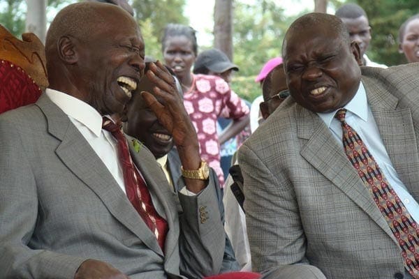Retired president Daniel Moi (left) and former Nominated MP Mark Too at a Kanu rally at Kurgung High School in Nandi North District on January 15, 2011. FILE PHOTO | JARED NYATAYA