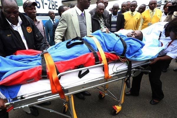 Turkana Senator John Munyes is moved to an ambulance after he landed at Wilson Airport from Turkana on September 8, 2014. PHOTO | BILLY MUTAI
