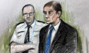 A sketch of Simon Harris (right) appearing at Birmingham crown court for alleged sex offences committed in Kenya. Photograph: Elizabeth Cook/PA