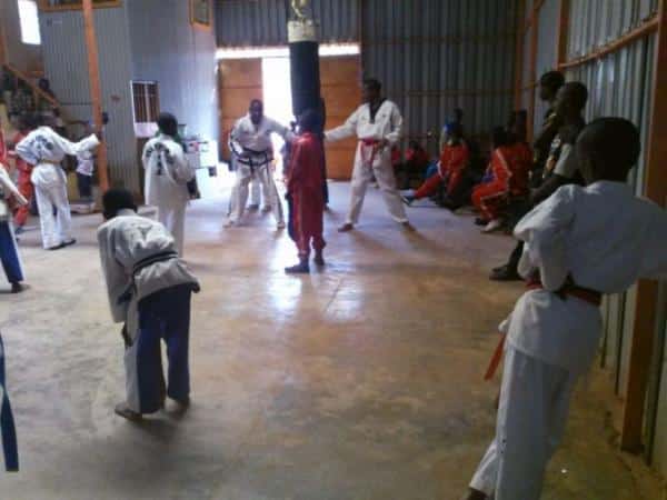 Taekwondo training at the Limuru International Physical and Fitness Centre. The facility made out of iron sheets and a cemented floor, and is where training goes on.Photo/Anne Kanina