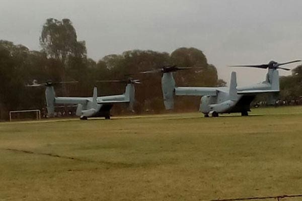 Two V-22 Ospreys land at Kenyatta University on