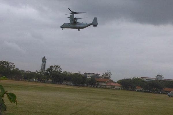 The V-22 Osprey flies over Kenyatta University