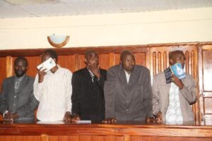 GUILTY: Paul Maluki, Mutua Nzioka, John Masila, Alex Mwendwa and Aggrey Musina at Milimani law courts on Friday. 