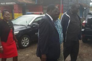 Cord leader Raila Odinga at Kilimani police station on Friday, where former Nairobi mayor George Aladwa was held over incitement. Photo/Courtesy 