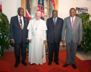 Pope with three Kenyan presidents