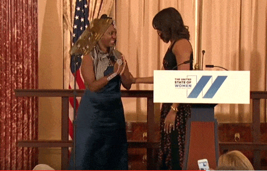 US First Lady Michelle Obama (right) and Wanjiru “Ciru” Waithaka, who runs a company called Fun Kidz during the United State of Women Dinner at the White House.