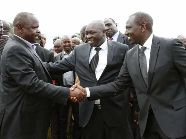 DP William Ruto with Bomet Governor Isaac Rutto and former MP Joshua Kuttuny during the funeral of the father of former Konoin MP Julius Kones. / DPPS