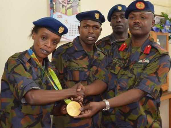 Rio Marathon Gold Medalist Jemima Sumgong with colleagues at Moi Air Base Nairobi, August 23, 2016 /COURTESY