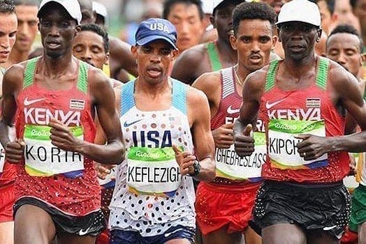 MP Wesley Korir (left) during the men's marathon race of the Rio 2016 Olympic Games on August 22, 2016. PHOTO | COURTESY