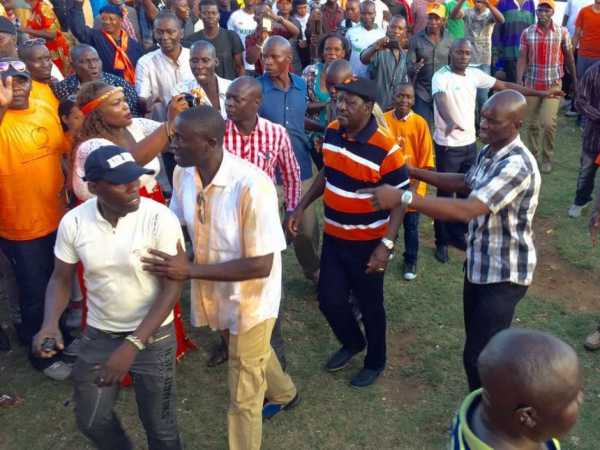 ODM leader Raila Odinga being taken to another venue following a power blackout at Mama Ngina grounds, where ODM's 10th celebration was held. /ELKANA JACOB 