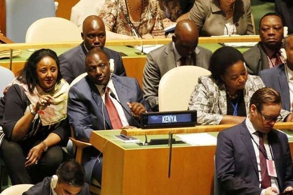 Deputy President William Ruto chats with Foreign affairs Cabinet Secretary Amina Mohammed (left) during the 71st UN General assembly meeting in New York, September 19, 2016. PHOTO | CHARLES KIMANI | DPPS