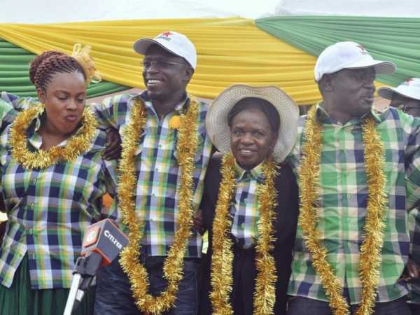 LPK leader Ababu Namwamba, with Julia Ojiambo and David Makali during a rally to popularise the party at the Busia Polytechnic Grounds . /COURTESY