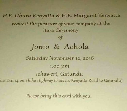 The invitation card to pride price ceremony of President Uhuru Kenyatta's son, Jomo, and his fiancée, Fiona. PHOTO | COURTESY
