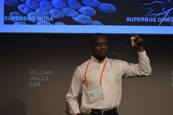 Mr Ryan Awori makes his presentation of the antibiotic created from round wound worms found in the soils of Central Kenya in Berlin, Germany on Tuesday during the Falling Walls Conference. PHOTO | EUNICE KILONZO | NATION MEDIA GROUP