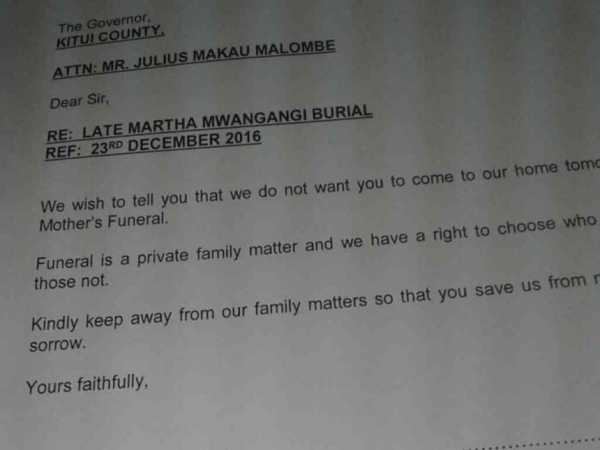 A section of the letter that the family of Kitui's former mayor Martha Mwangangi sent to Governor Julius Malombe, asking him not to attend her burial on December 22, 2016.