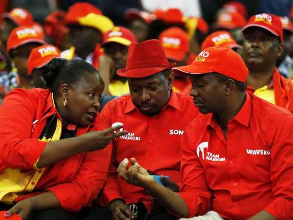 Aspirants to the Nairobi Governor's seat under Jubliee Party (L) Margaret Wanjiru, Mike Sonko and Dennis Waweru during the launch of the Jubilee Party membership smartcard at Kasarani on January 13. /Jack Owuor