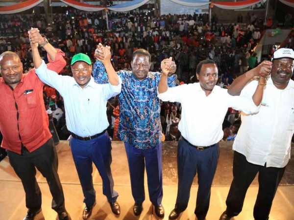 Opposition leaders during their grand meeting with aspirants from across the country at Bomas of Kenya in Nairobi, January 11, 2017. /DENNIS KAVISU
