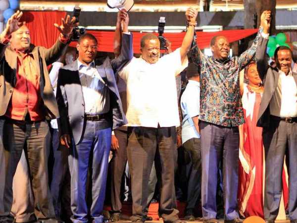 Opposition leaders Nick Salat (Kanu), Moses Wetang'ula (Ford Kenya), Musalia Mudavadi (Amani), Raila Odinga (ODM) and Kalonzo Musyoka (Wiper) during the NASA launch at Bomas of Kenya in Nairobi, January 11, 2017. /MONICAH MWANGI
