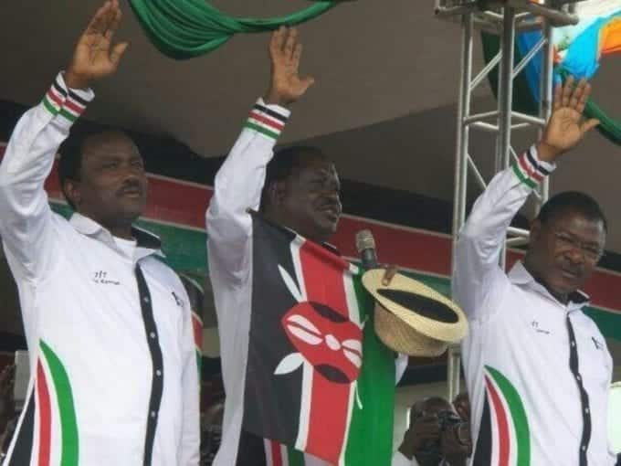 Cord leaders Raila Odinga, Kalonzo Musyoka and Moses Wetang'ula adressing the Saba Saba rally at Uhuru Park.Photo/courtesy