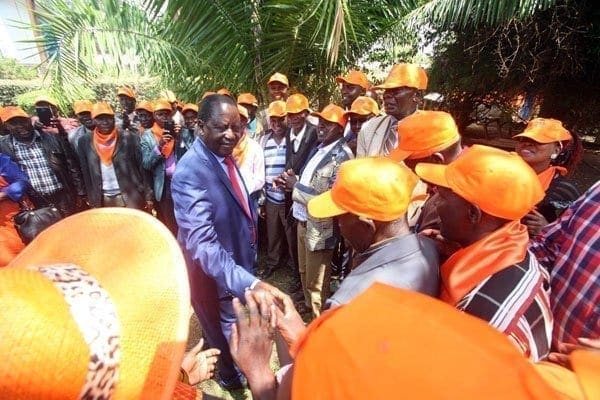 Orange Democratic Movement leader Raila Odinga with Pokot leaders at the party's headquarters Orange House in Nairobi on February 23, 2017. PHOTO | EVANS HABIL | NATION MEDIA GROUP