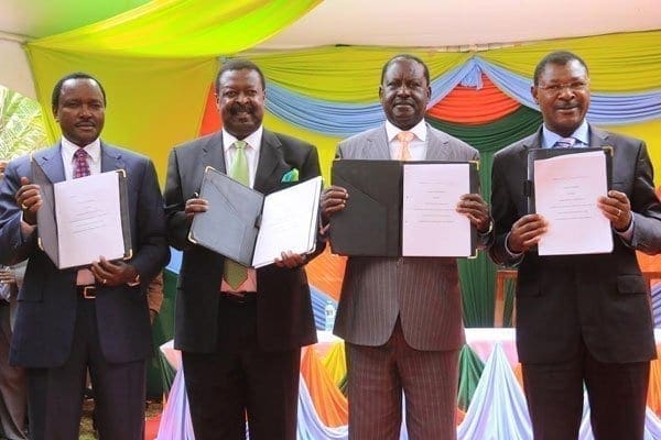 Opposition leaders Kalonzo Musyoka, Musalia Mudavadi, Raila Odinga, and Moses Wetang'ula