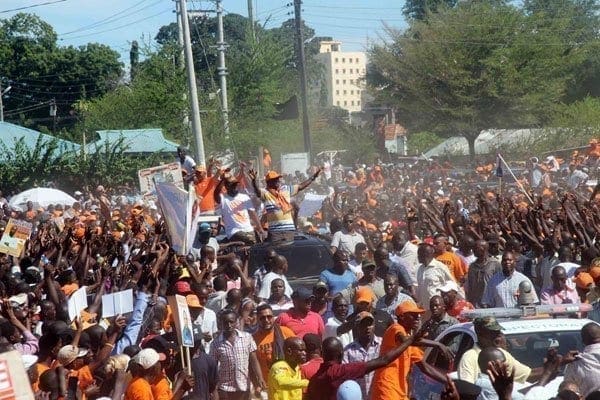 ODM leader Raila Odinga and deputy party leader and Mombasa Governor Hassan Joho arrive at Tononoka grounds to address a rally on March 26, 2017. The rally ended in chaos as aspirants jostled for Mr Odinga's 'blessings'. PHOTO LABAN WALLOGA | NATION MEDIA GROUP