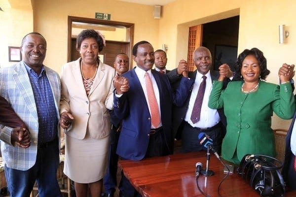 Kamba leaders from left: Mutua Katuku, Chairty Ngilu, Kalonzo Musyoka, Kivutha Kibwana and Wavinya Ndeti in show of unity during a meeting at Ole Sereni Hotel on March 14, 2017 where they declared support for Kalonzo and asked Nasa to pick him as opposition's flag bearer. PHOTO | JEFF ANGOTE | NATION MEDIA GROUP