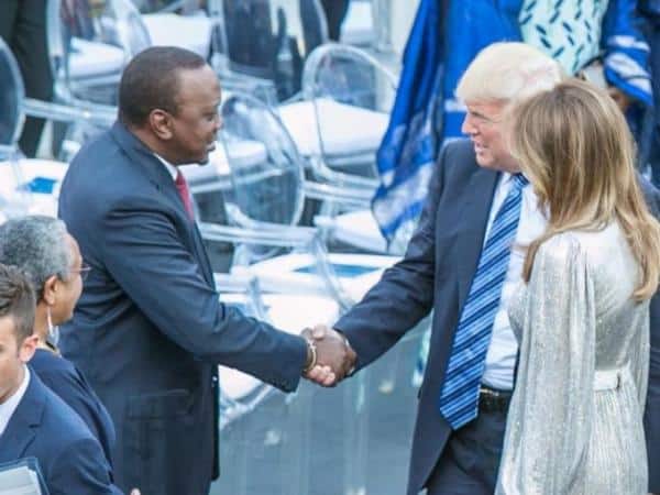 President Uhuru Kenyatta greets US President Donald Trump at the G7 summit in Italy. /PSCU
