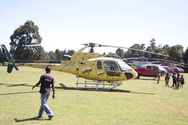 Choppers parked at Eldoret Sports Club before a campaign rally.