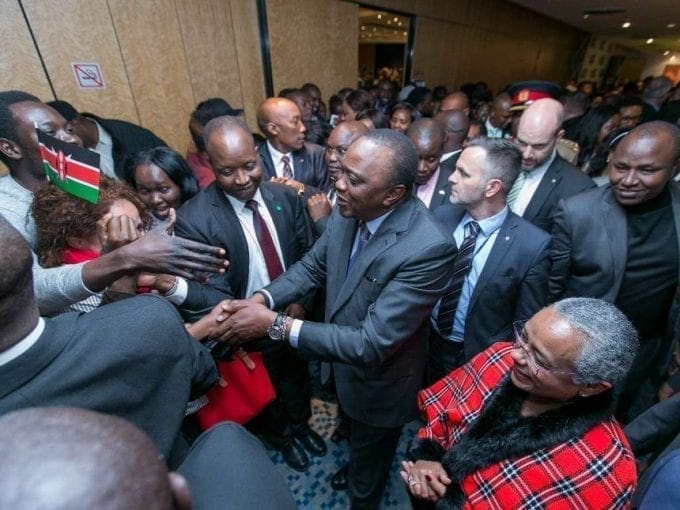 President Uhuru Kenyatta and First Lady Margaret Kenyatta get a warm reception from Kenyans living in Germany during a diaspora meeting in Berlin, Germany on April 8,2016 /PSCU