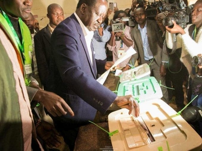 NASA presidential candidate Raila Odinga deposits ballot papers at Kibera primary school, August 8, 2017. /ODM