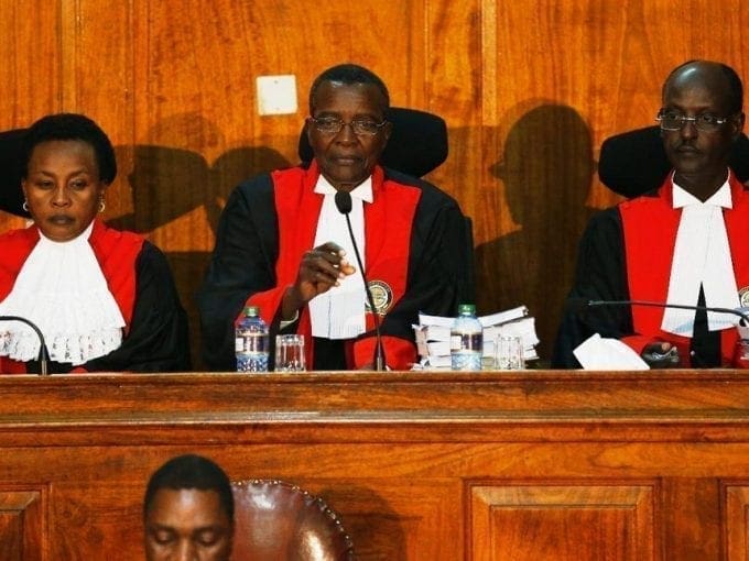 Chief Justice and Supreme Court president David Maraga with colleagues Philomena Mwilu and Mohamed Ibrahim at the pre-trial conference for NASA's petition on the presidential election, August 26, 2017. /JACK OWUOR