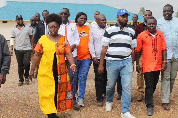 Mombasa Governor Ali Hassan Joho (centre) with Mbita MP Millie Odhiambo (left) and other ODM leaders at Kabunde Airstrip in Homa Bay Town after a political rally they were attending was disrupted on Monday. PHOTO | BARRACK ODUOR | NATION MEDIA GROUP